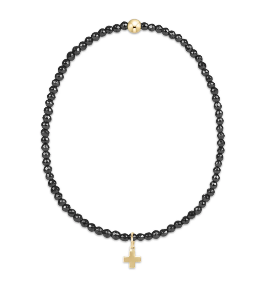Faceted Hematite 2mm Bead Bracelet | Signature Cross Gold Charm