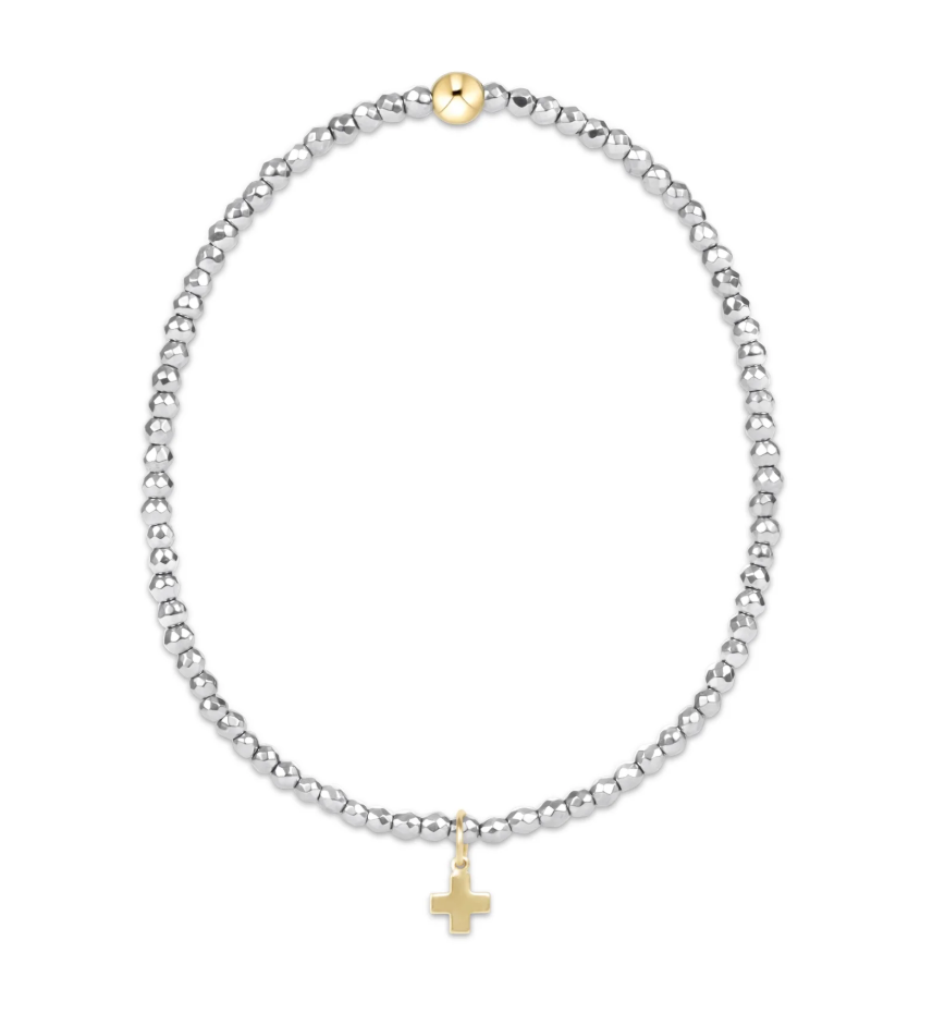 Silver Faceted Hematite 2mm Bead Bracelet | Signature Cross Gold Charm