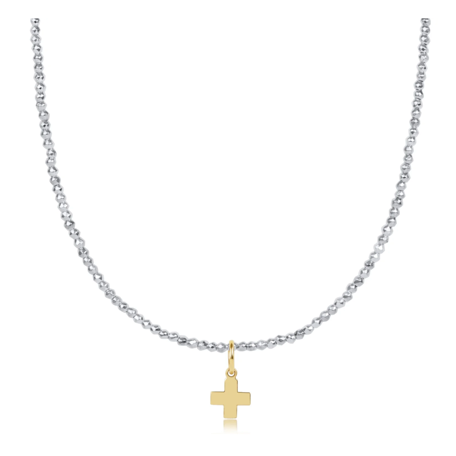 17” Choker Faceted Hematite 2mm Bead | Signature Cross Gold Charm