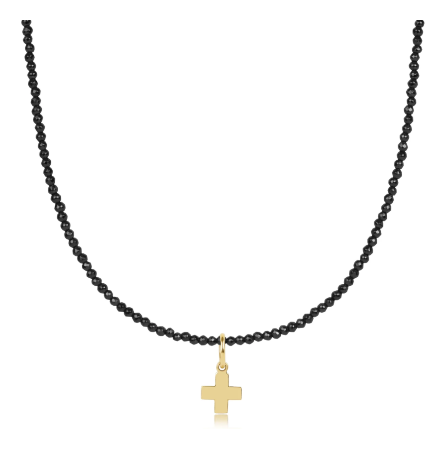 17” Choker Faceted Hematite 2mm Bead | Signature Cross Gold Charm