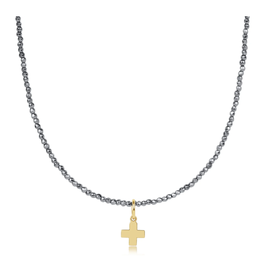17” Choker Faceted Hematite 2mm Bead | Signature Cross Gold Charm