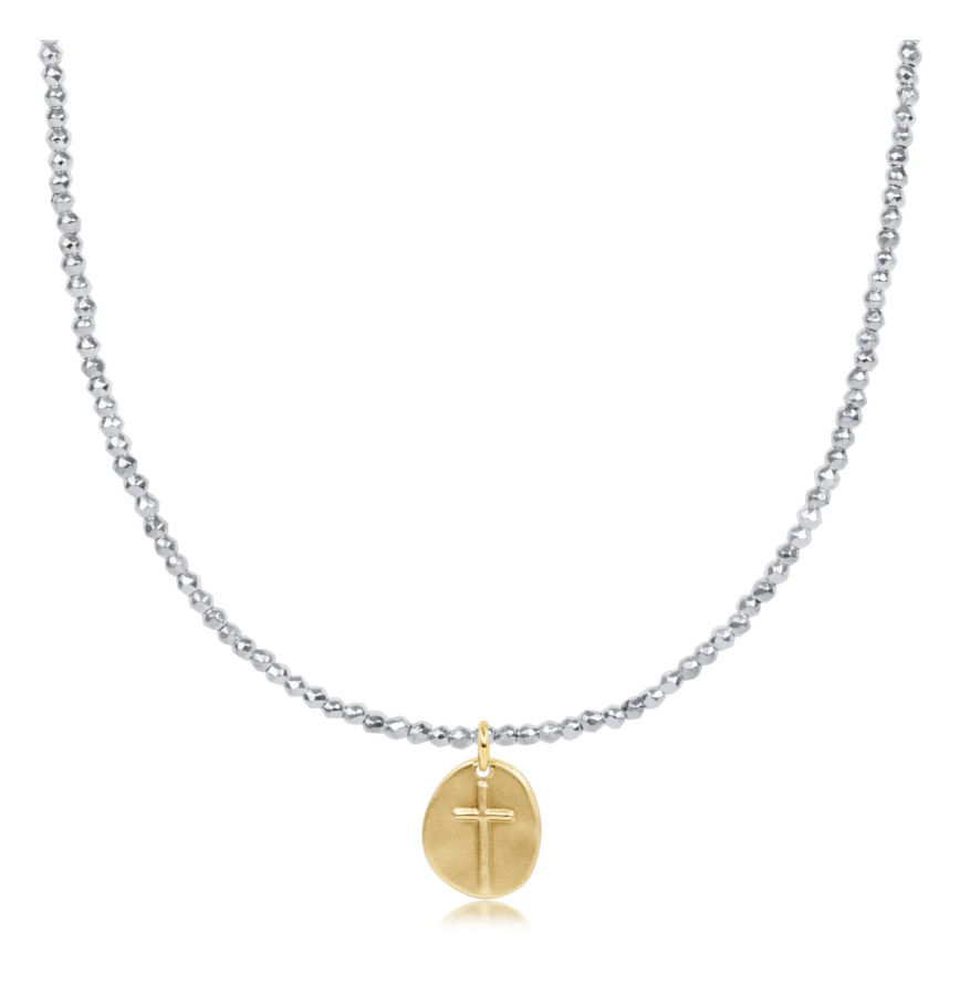 17” Choker Faceted Hematite 2mm Bead | Inspire Small Gold Charm