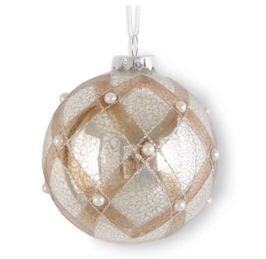 4" Glittered Silver & Copper Mercury Glass Ornament with Pearls
