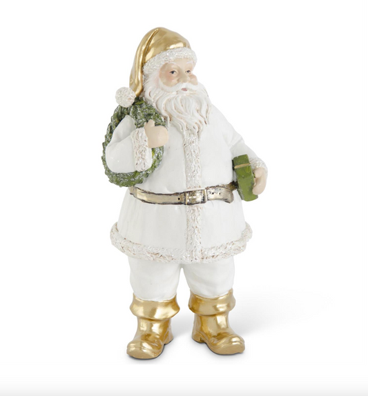 9" White & Gold Resin Santa with Wreath & Package
