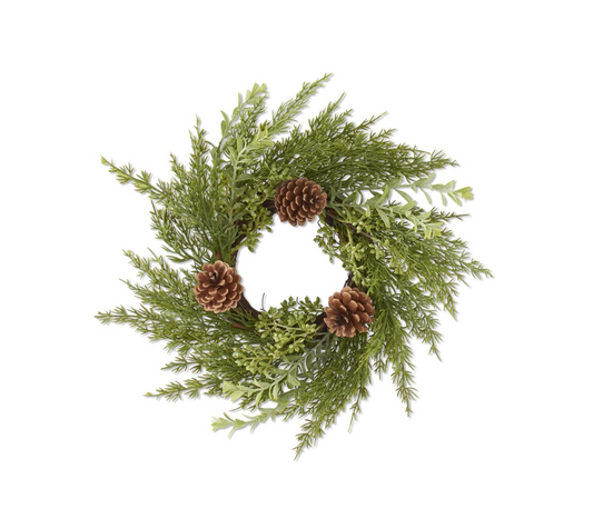 16" Twig Pine & Myrtle Candle Ring with Green Berries and Pinecone
