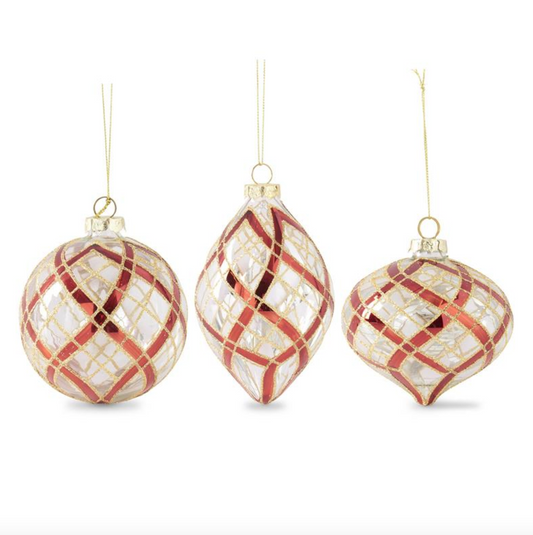 Clear Glass Ornaments with Glittered Red & Gold Plaid | 3 Styles