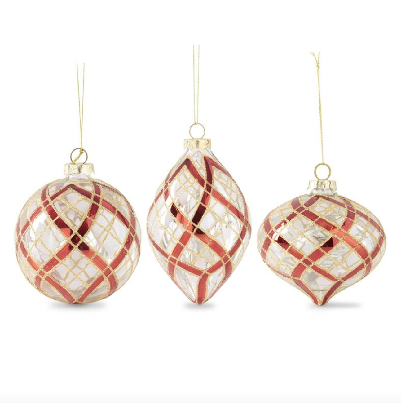 Clear Glass Ornaments with Glittered Red & Gold Plaid | 3 Styles
