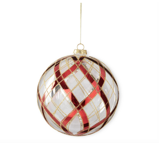 7" Clear Glass Ornament with Glittered Red & Gold Plaid