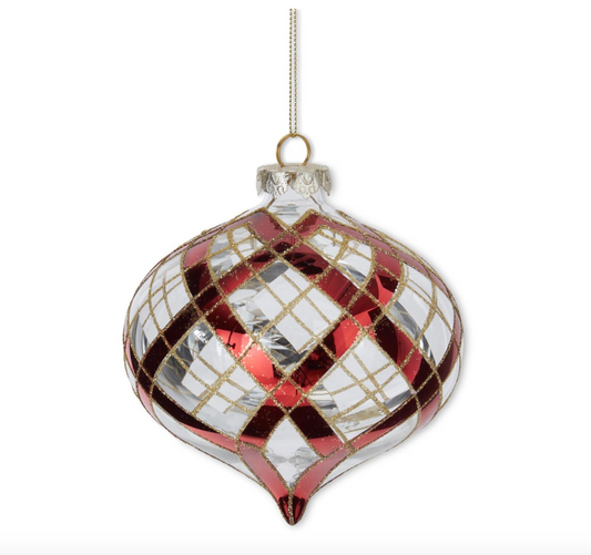 5" Clear Glass Onion Ornament with Glittered Red & Gold Plaid