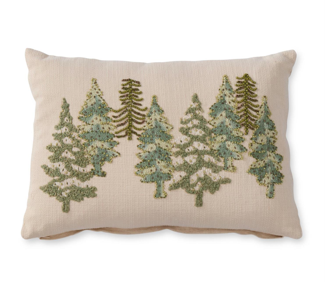 14" Cream Cotton Linen Lumbar Beaded Christmas Tree Pillow