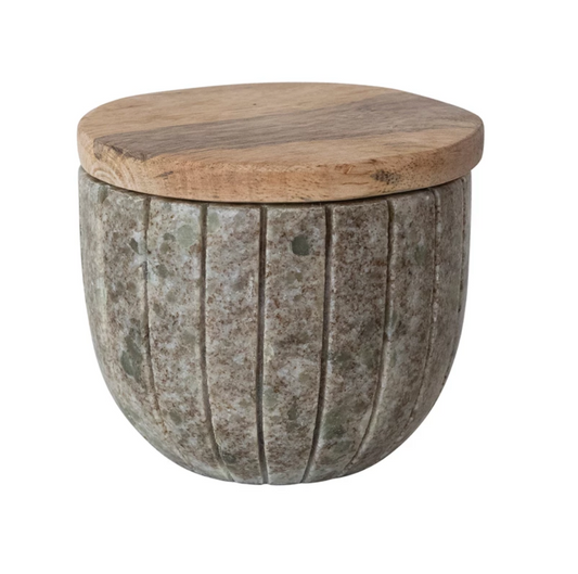 Carved Marble Container with Mango Wood Lid