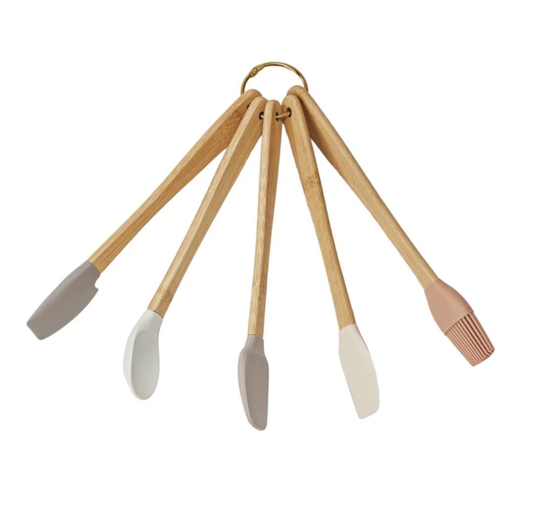 Silicone & Beech Wood Mini Kitchen Utensils Neutrals | Set of 5
