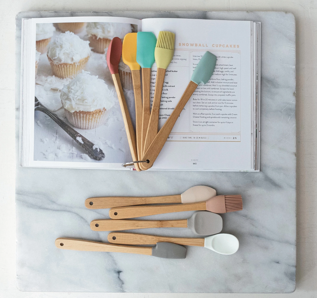 Silicone & Beech Wood Mini Kitchen Utensils Neutrals | Set of 5