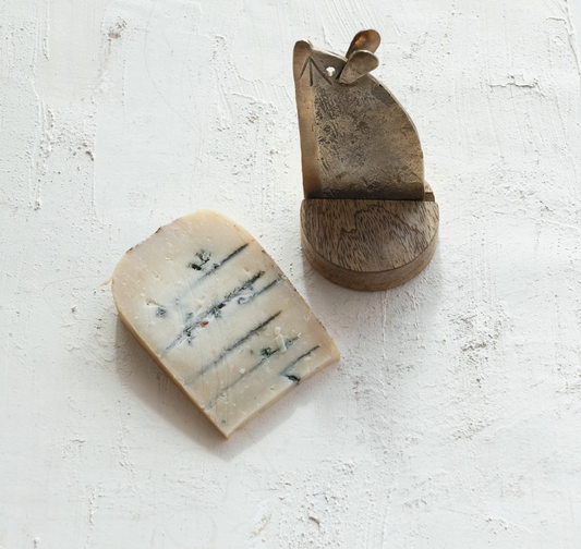 Hand-Forged Metal Mouse Shaped Cheese Knife w/ Mango Wood Stand