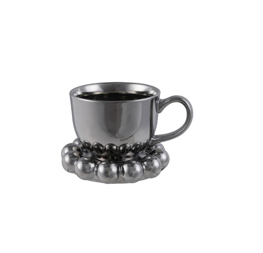 12 oz. Stoneware Mug w/ 5-1/2" Round Ball Edge Saucer | Chrome Finish
