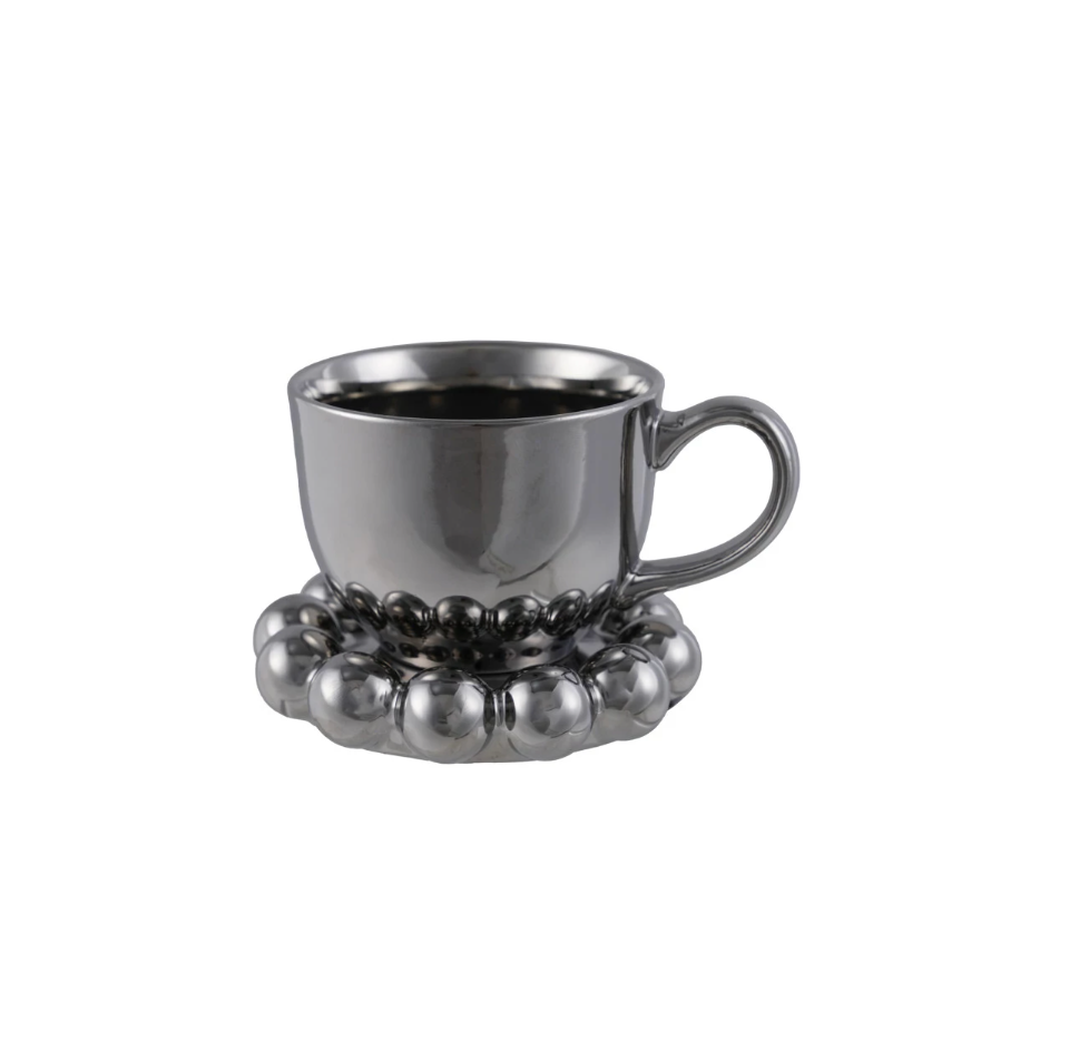 12 oz. Stoneware Mug w/ 5-1/2" Round Ball Edge Saucer | Chrome Finish