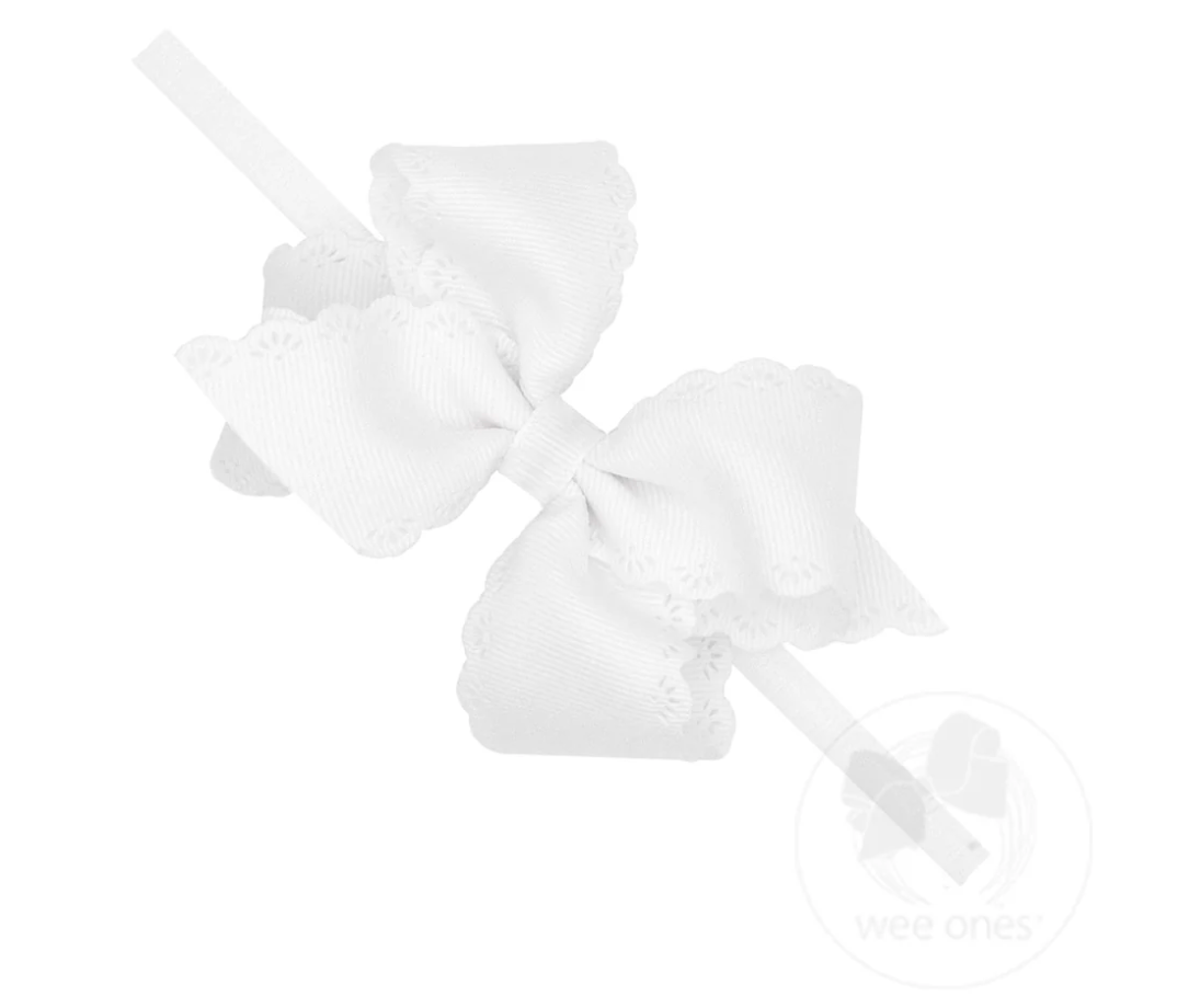 Small Grosgrain Hair Bow with Embossed Eyelet Edge on White Nylon Band | Multiple Colors