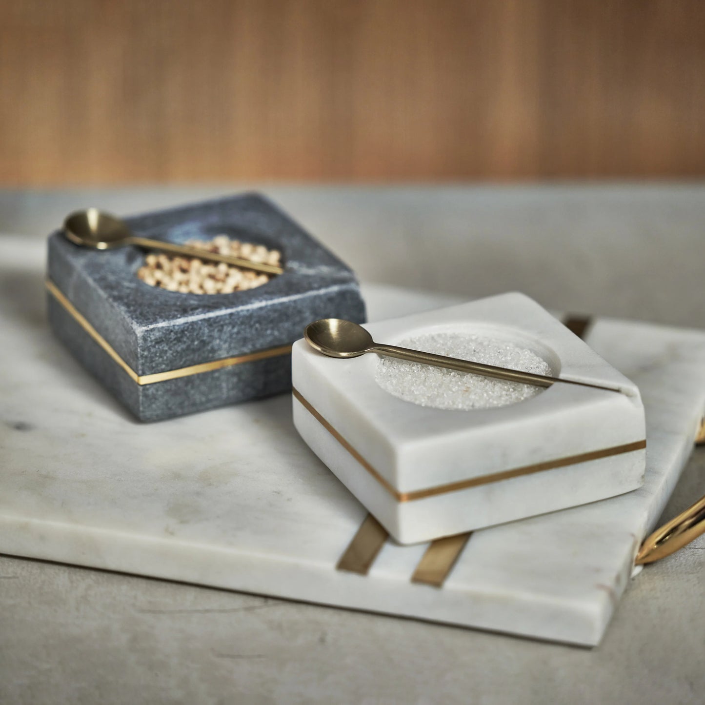 White Marble Square Salt & Pepper Bowl with Gold Spoon