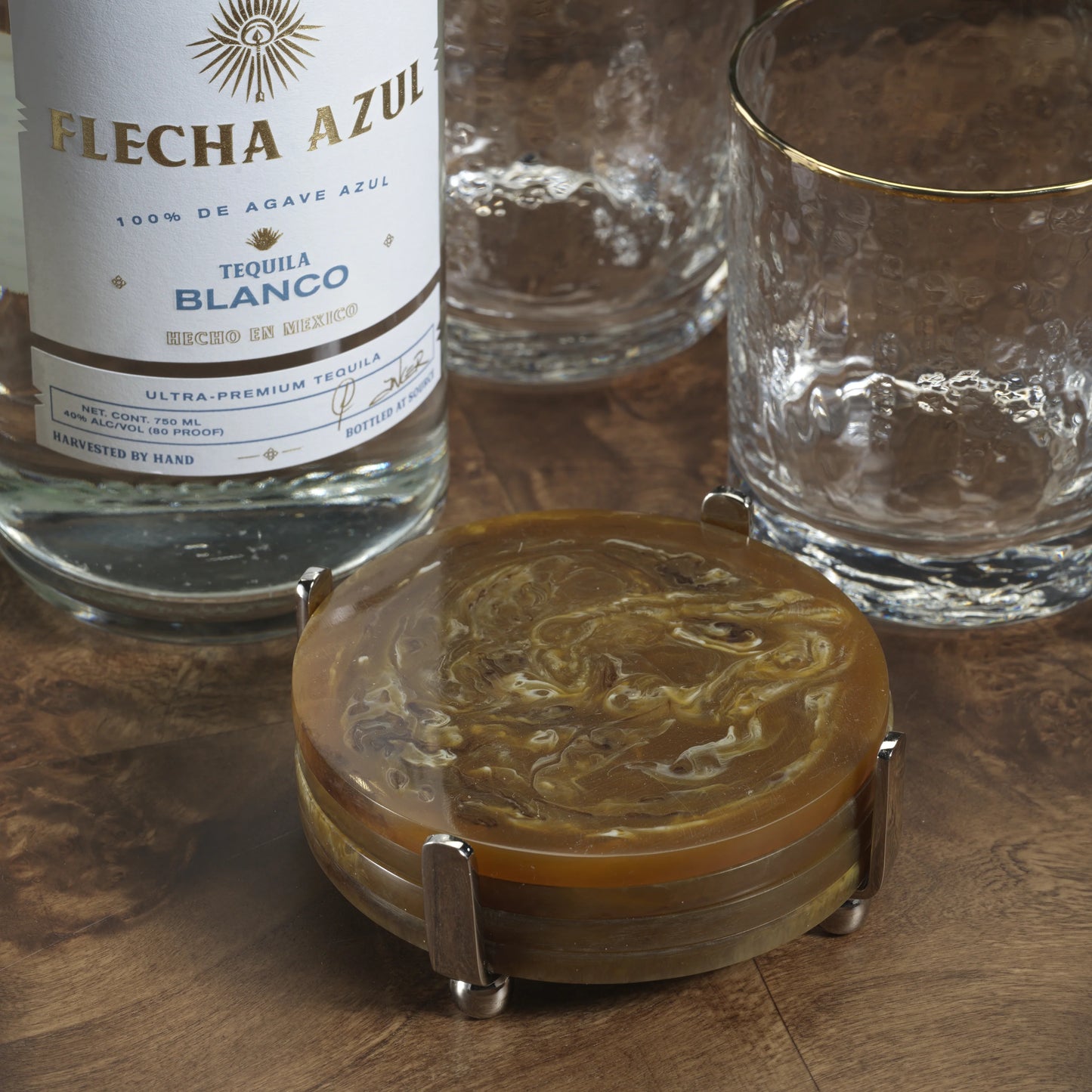 Spiga Set of 4 Coasters on Stand | Nickel with Amber Accent