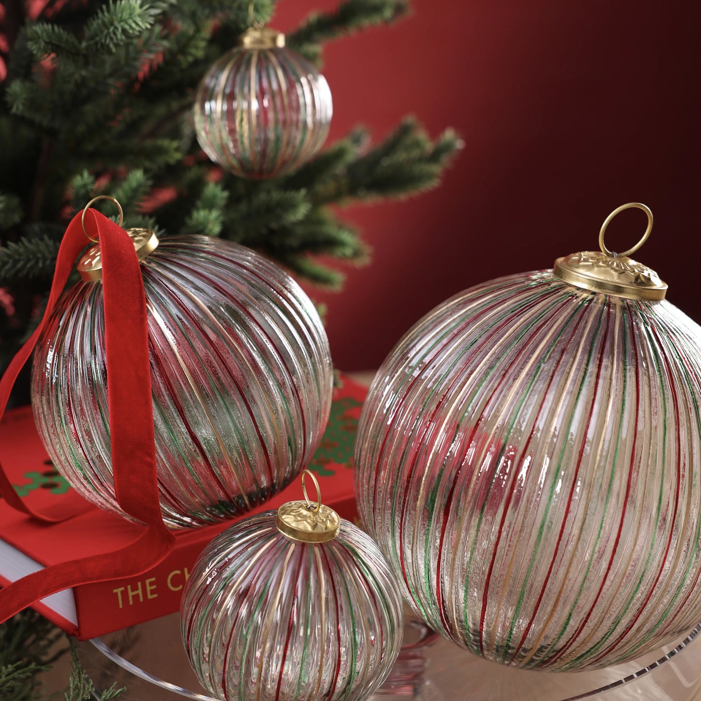 Ribbed Multi Red+Green Glass Ornament | 3 in