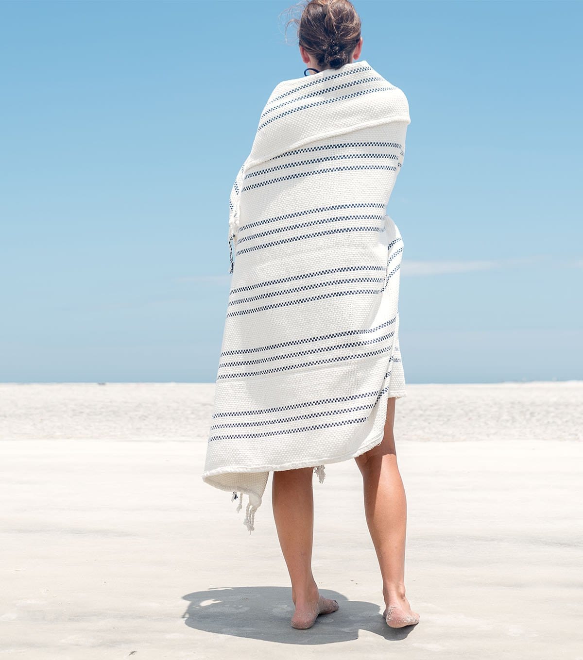 Beach Mat Throw with Cotton Harness | White w/Beige Stripes