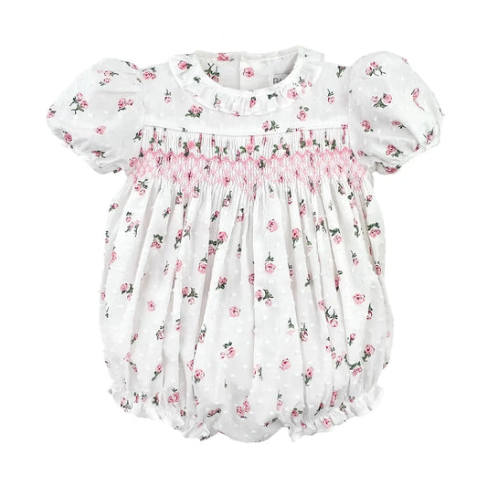 Floral Print Swiss Dot Bubble with Hand Smocking