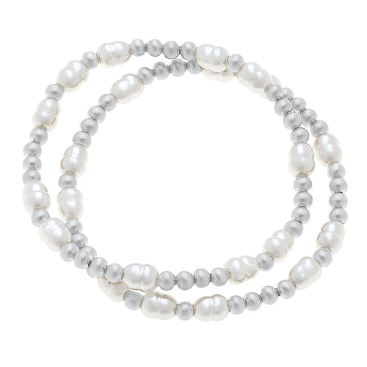 Morgan Ball Bead & Pearl Stretch Bracelets (Set of 2) | Satin Silver