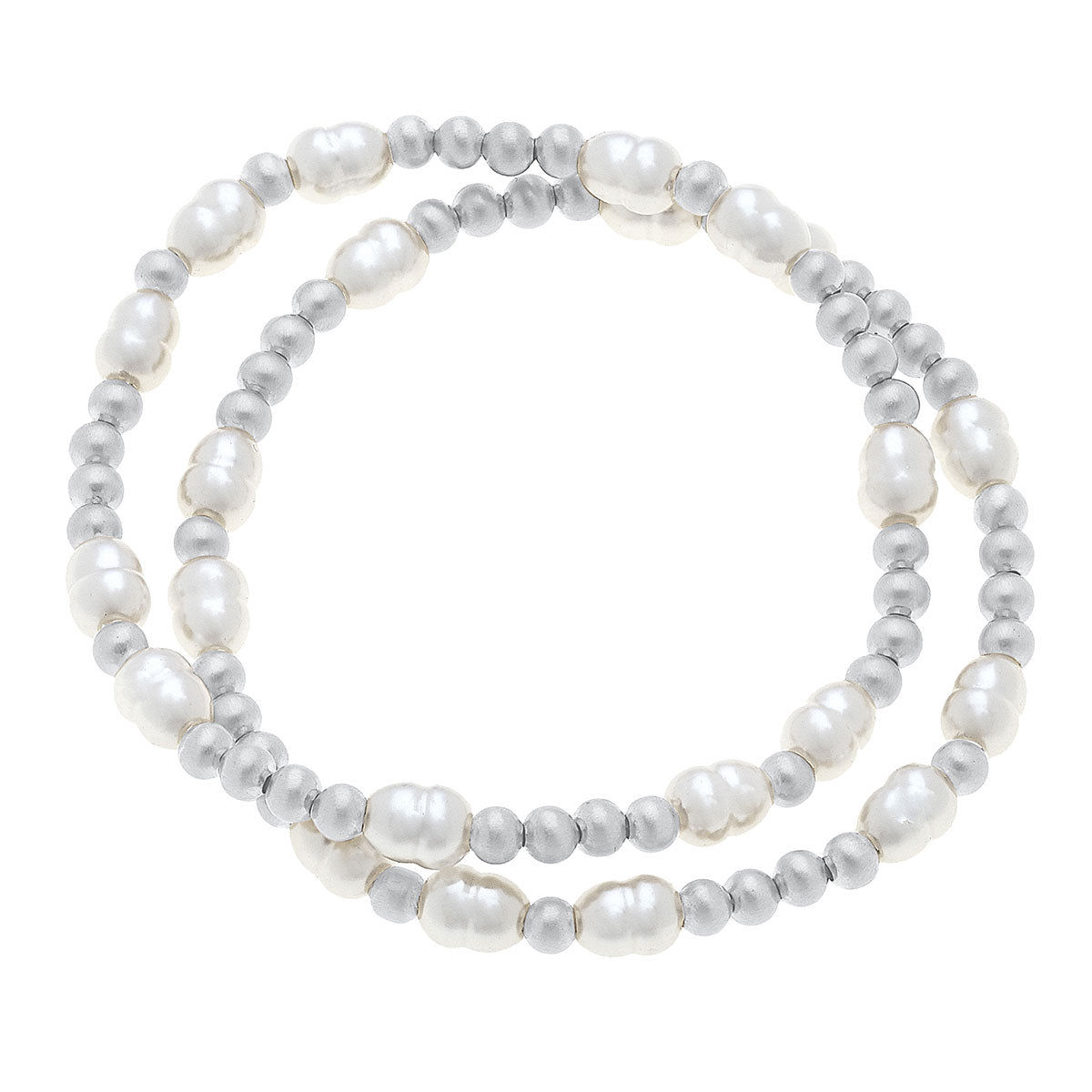 Morgan Ball Bead & Pearl Stretch Bracelets (Set of 2) | Satin Silver