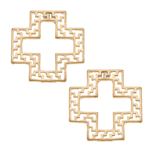 Cameryn Greek Keys Cross Stud Earrings | Worn Gold
