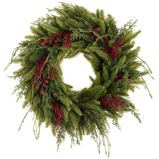 24" Sedum/Mixed Pine Wreath | Red/Green