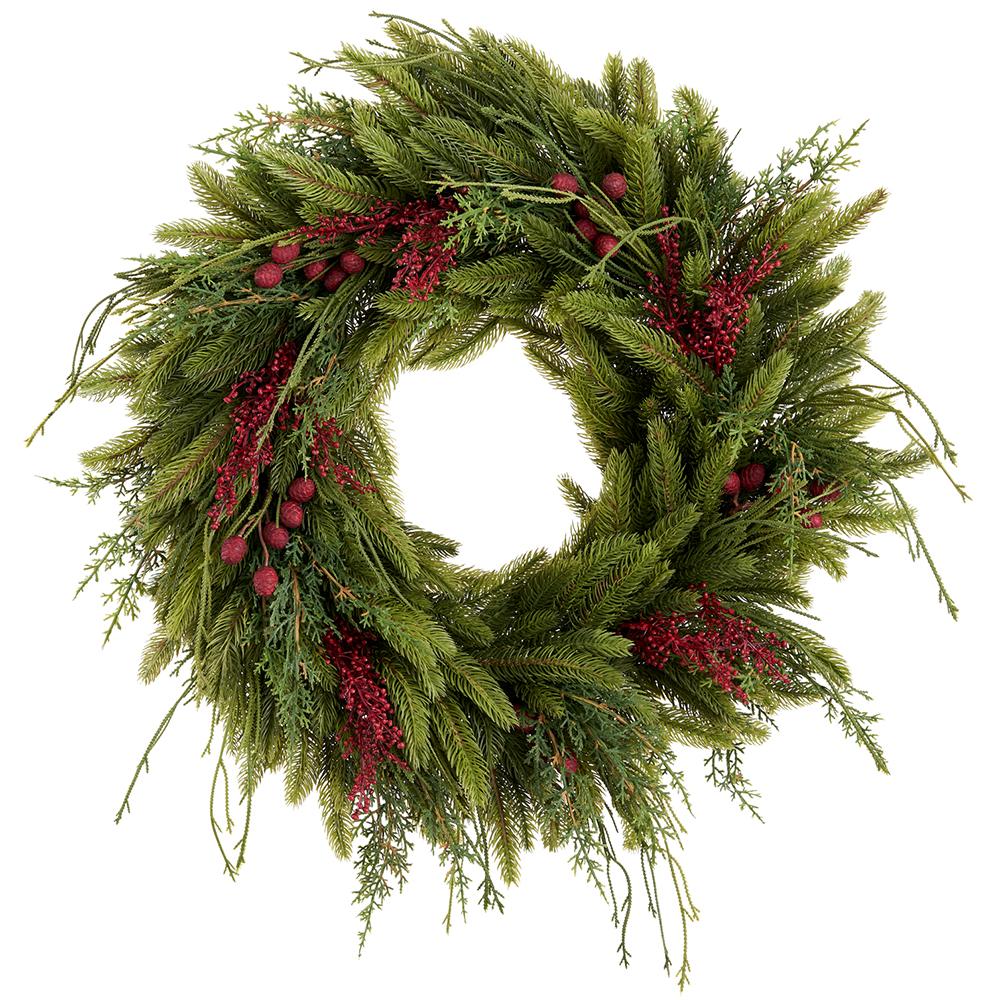 24" Sedum/Mixed Pine Wreath | Red/Green