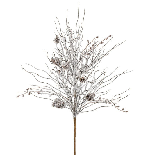 26" Snowed Twig Spray With Pine Cone | White/Brown