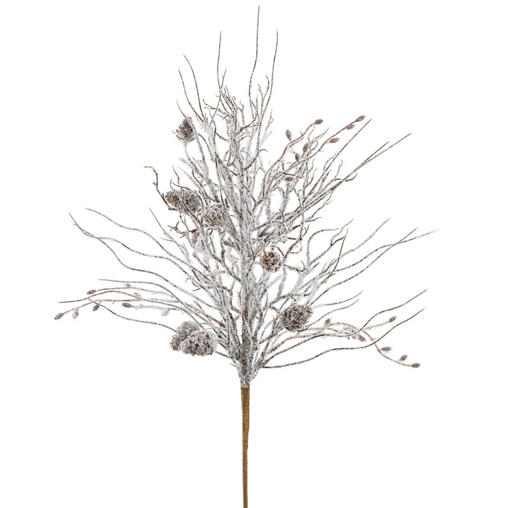26" Snowed Twig Spray With Pine Cone | White/Brown