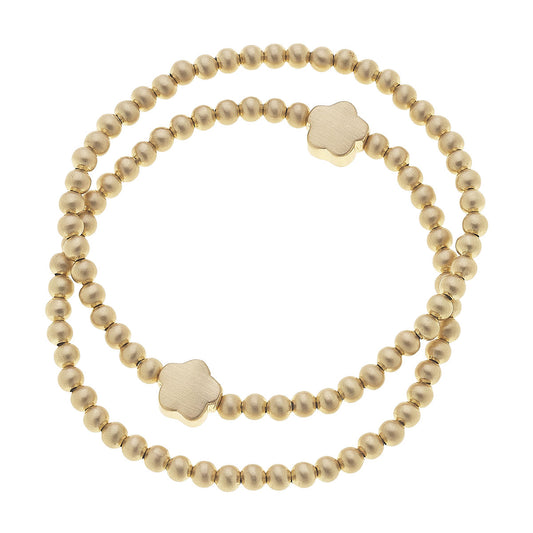 Isa Flower Ball Bead Stretch Bracelets (Set of 2) | Satin Gold