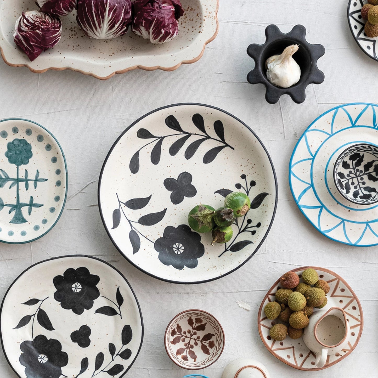 Hand-Painted Stoneware Bowl w/ Floral Design | Matte Black & Cream Color Speckled