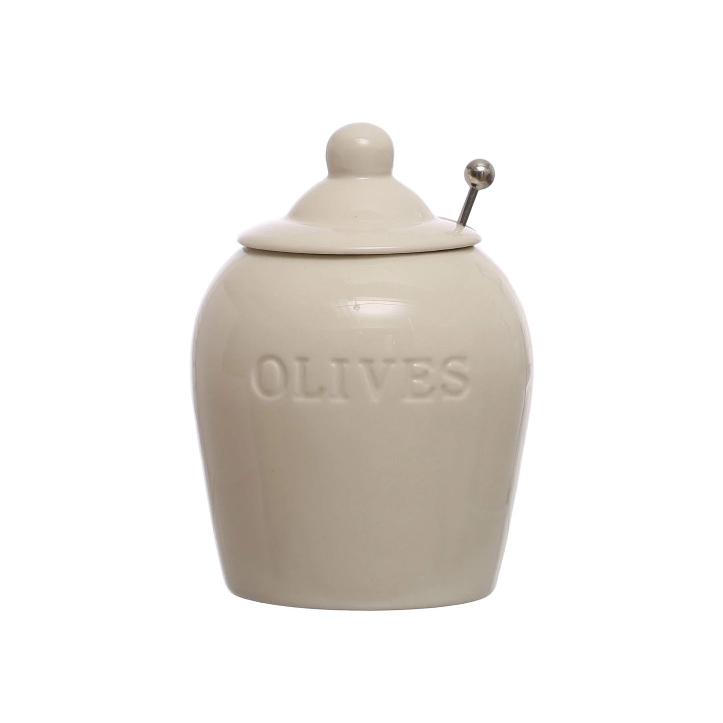 Debossed Stoneware Olive Jar w/ Slotted Spoon