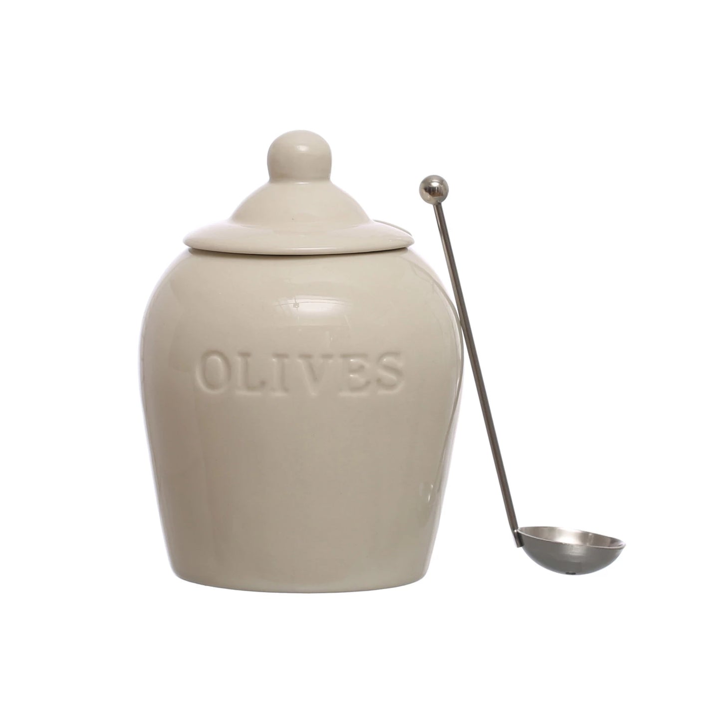 Debossed Stoneware Olive Jar w/ Slotted Spoon