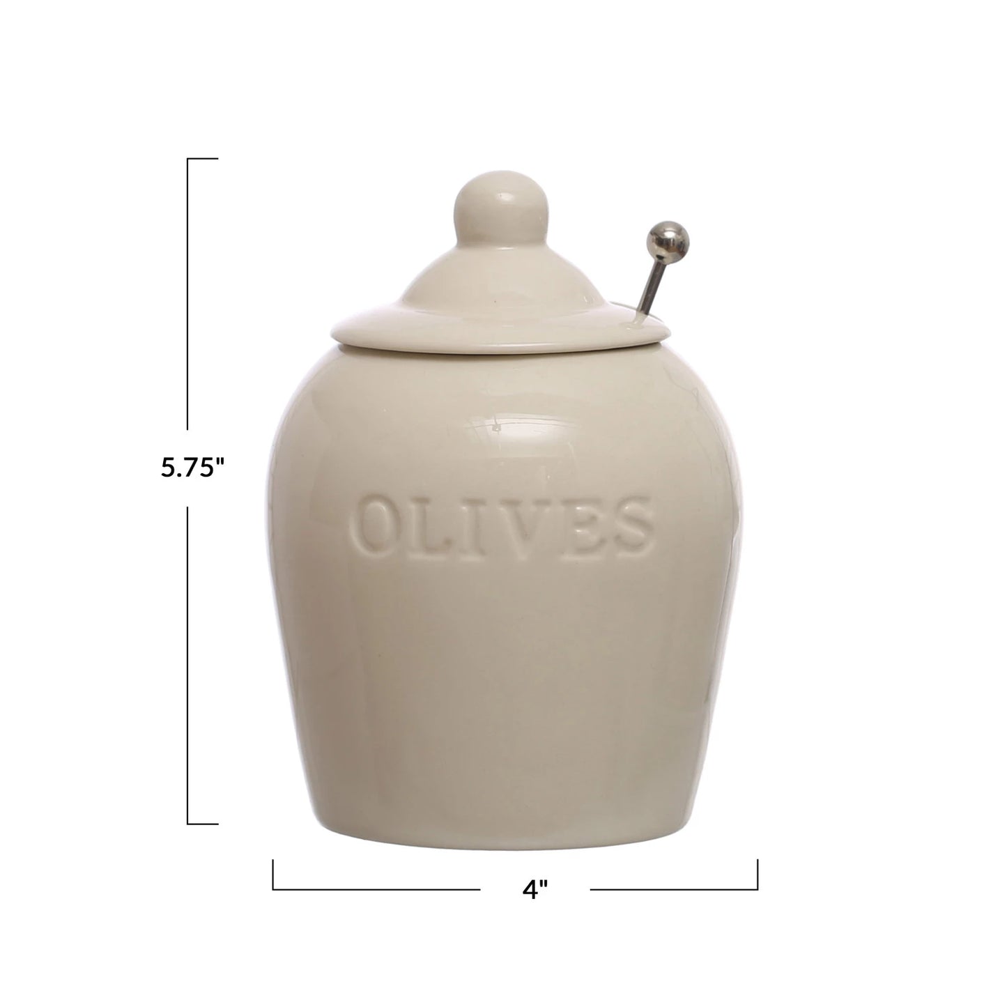 Debossed Stoneware Olive Jar w/ Slotted Spoon