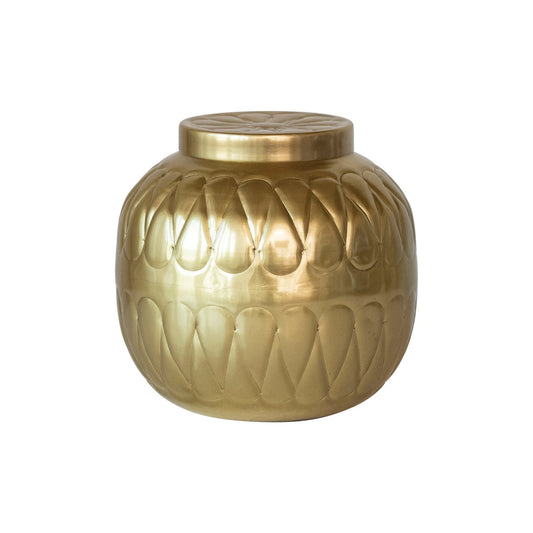 Decorative Embossed Metal Container w/ Lid | Gold Finish