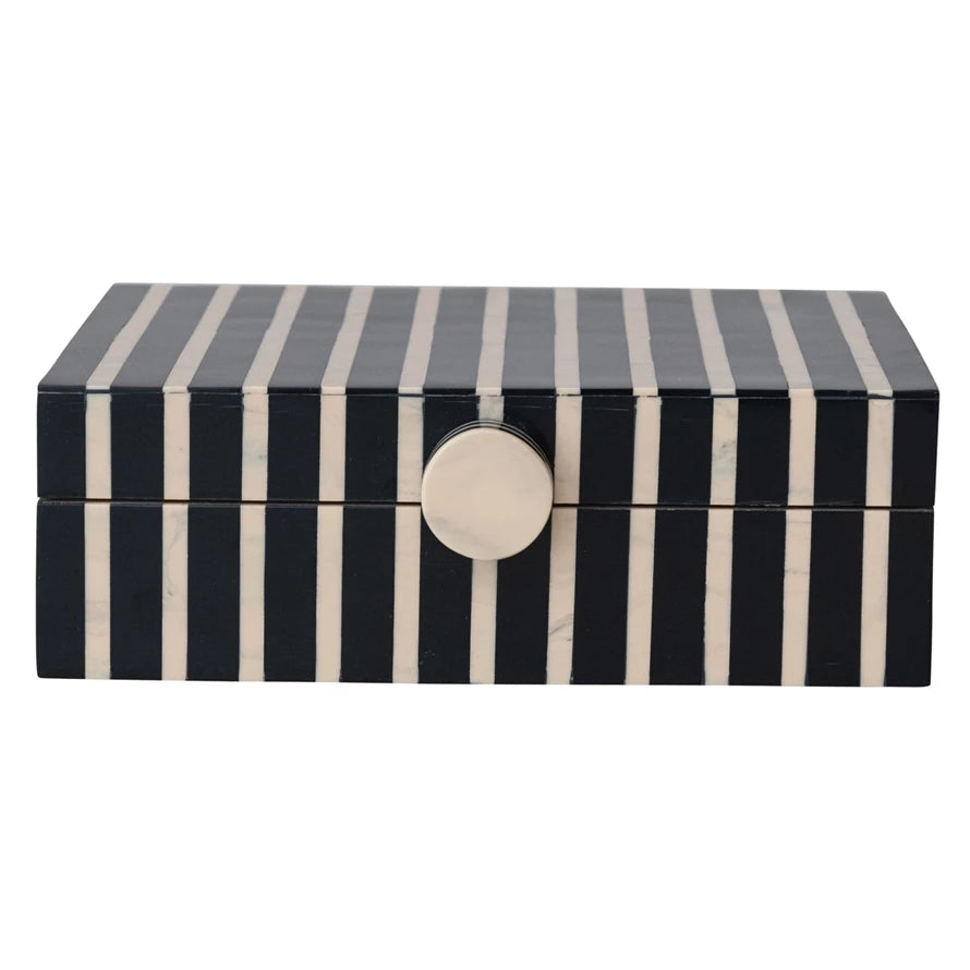 Handmade Mango Wood & Resin Striped Box w/ Knob | Black, Tan Color & Natural