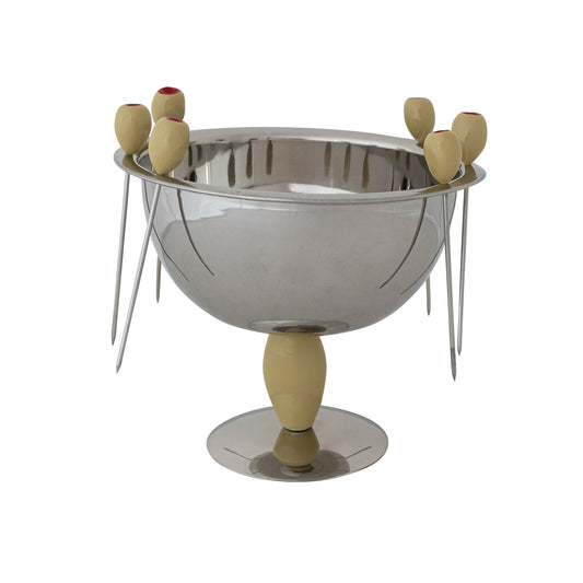 Enameled Stainless Steel Footed Bowl with (6) Olive Shaped Appetizer Picks on Rim