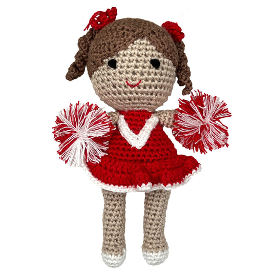 Cheerleader Bamboo Crochet Rattle | Red & White | 5" Rattle