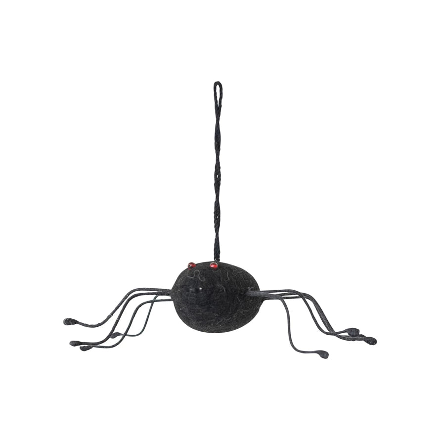 Handmade Wool Felt & Wire Spider Ornament w/ Red Glass Bead Eyes