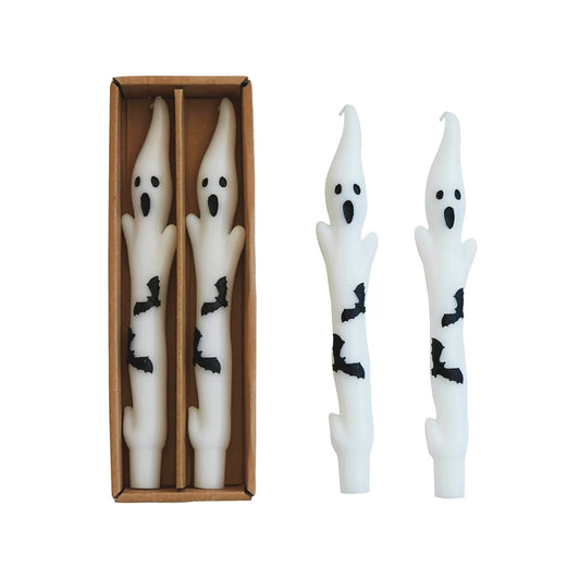 Ghost Shaped Taper Candles w/ Bats in Box, White & Black, Set of 2