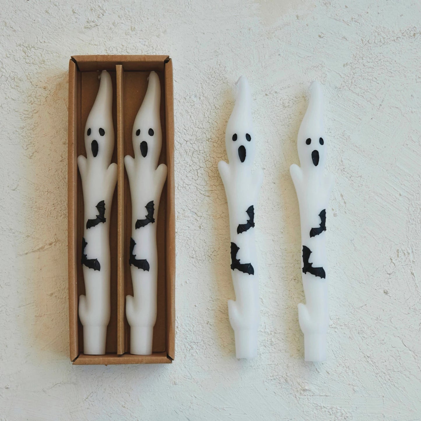 Ghost Shaped Taper Candles w/ Bats in Box, White & Black, Set of 2
