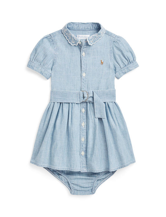 Short Sleeve Cotton Chambray Shirt Dress with Embroidered Collar