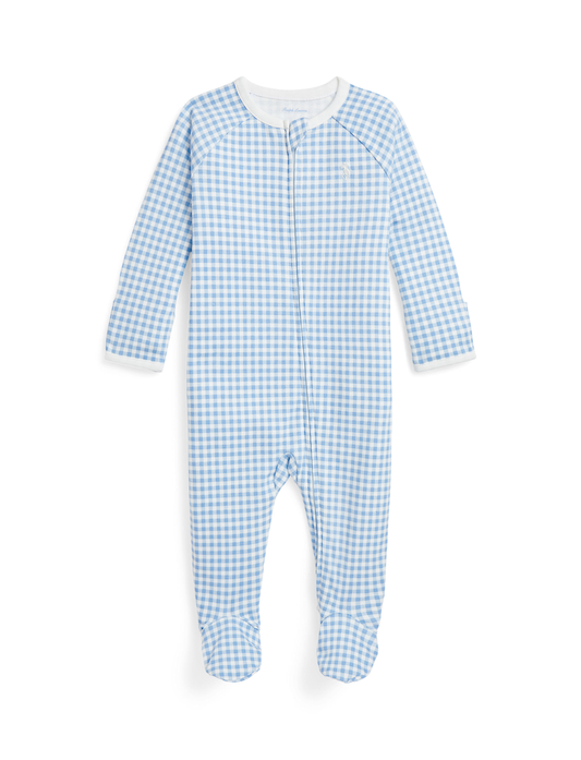 Long Sleeve Interlock Knit Gingham Printed Coverall | Blue Baby Gingham