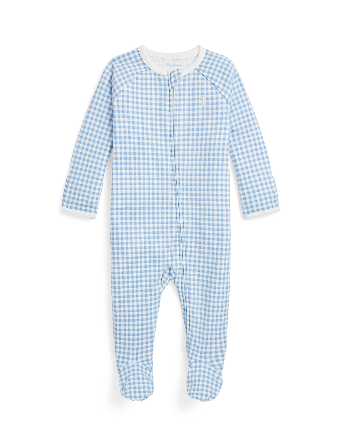Long Sleeve Interlock Knit Gingham Printed Coverall | Blue Baby Gingham