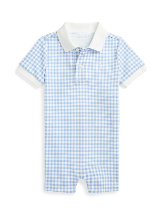 Short Sleeve Cotton Interlock Gingham Printed Polo Shortall | Blue Baby Gingham
