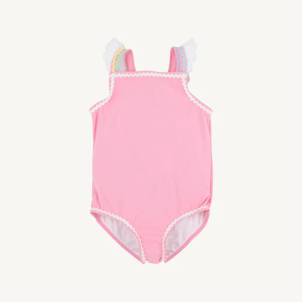 Long Bay Bathing Suit | Hamptons Hot Pink with Worth Avenue White & Multicolor Ric Rac